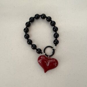 Black Beaded Bracelet with Red Heart Charm
